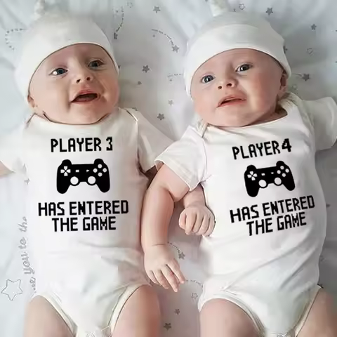 Player 3 and 4 Has Entered The Game Funny Newborn Twin Baby Romper Short Sleeved Infant Siblings Fam