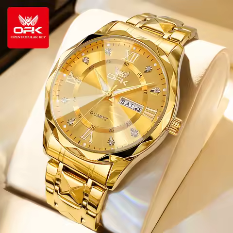 OPK 6023 Men's Watches Luxury Mature Gold Wristwatch Date Week Stainless steel Waterproof Quartz Wat