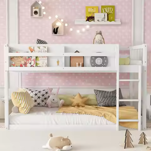 Convertible Twin Loft Bed Frame with Storage Shelf Ladder Guardrails Kids Bedroom No Box Spring Easy