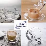 LOTUS set of 6 cups and 6 saucers, Set of 6 glass tea cups including 6 cups with smooth glass handle
