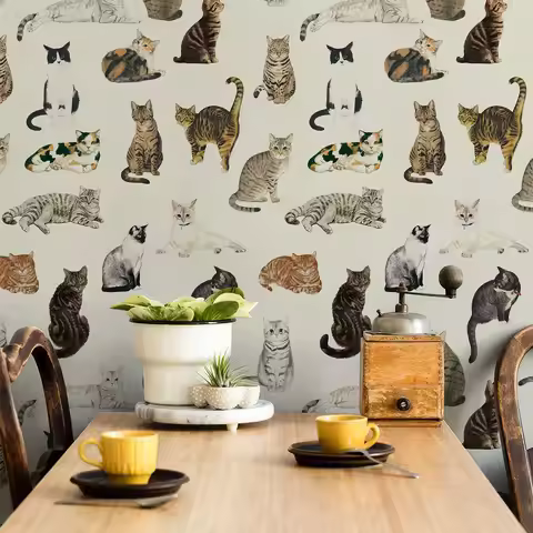 Yellow Cute Cats Peel And Stick Wallpaper Morden Waterproof Animals Vinyl Wall Stickers Chic Cute Li