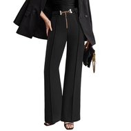 Women Suit Pants High Waist Straight Wide Leg Zipper Fly Trousers with Belt Decoration Solid Color S
