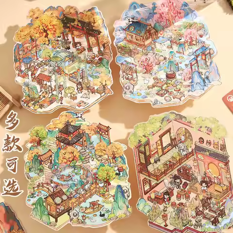 landscape flat sticker set of 4 pieces Chinese style landscape painting,fun scenery stickers package