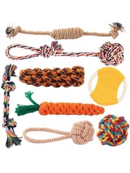 8入組彩色編織結球&amp;飛盤&amp;胡蘿蔔形磨牙玩具,適用於小型/中型品種犬的室內/室外訓練和口腔清潔,隨機顏色