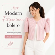 Modern Filipiniana Chambrry Stripes Bolero Blazer For Women Elegant Puff Sleeve