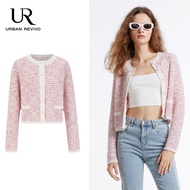 URBAN REVIVO Womens Casual Cardigans Open Front pink Cardigan Pearl Button Slim Fit Vintage Thin and light Cropped Sweater Outwear