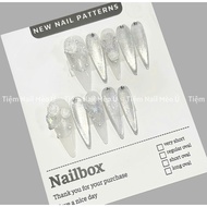 [M08] Nailbox design, designer fake nails - super bright pointed silver cat eye nails with cute char