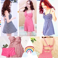 Women's One-Piece Swimsuit Plaid Skirt Beautiful Cute CowGirl 4 Colors Available (Black Red Blue Pin