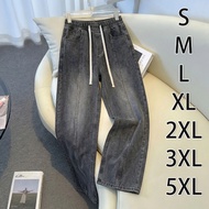 S-5XL~jeans long pants retro denim Water wash grey BLACK biru wanita high-waisted wide-leg pants lon