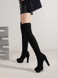 秋冬新款時尚女士膝高靴,10cm高跟鞋,厚底和粗跟,韓式風格