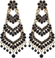 Bollywood Jewellery Traditional Ethnic Bridal Bride Wedding Bridesmaid Ethnic Gold-Plated Jadau Black Kundan Long Pearl Earrings Jhumka earrings, Cotton Pearl