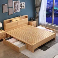 {SG Sales}HDB Storage Bed Frame with Storage Drawers High Box Double Bed Bedframe Wooden Bed Queen King Bed Storage Bed Frame Nordic Solid Wood Bed Double Bed High Box Storage Bed