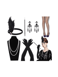 1套6入組女性1920年代復古黑色羽毛頭飾、長手套、流蘇金屬耳環、香煙托、性感絲襪，完美搭配派對