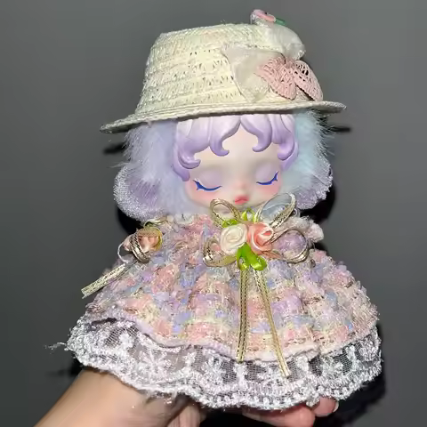 For 17 cm Labubu/SkullPanda Clothes Lace Rose Puff Skirt with straw hat Dolls Accessories Labubu/Sku