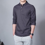 Kemeja Lelaki Slim Fit Kurta Lelaki Lengan Panjang Plain Casual Men Shirt Linen Pullover Stand Colla