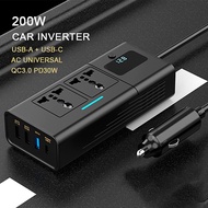 200W Digital Display Car Power Inverter 12V to 220-240V AC Universal Socket USB-C USB-A QC3.0 PD Fas