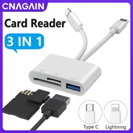 CNAGAIN 3 IN 1 OTG Card Reader for Lightning/Type C，Multifunction Adapter for SD/TF Card/USB Flash Drive，Card Reader Adapter for iPhone/iPad/Android