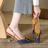 Denim heels for women classy elegant sandals tumit tinggi 2 inci kitten buckle Pointed heels wanita 