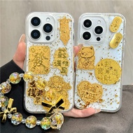 财神爷手机壳 发财手机壳 Epoxy Gold Foil God of Wealth Cat Laser Hand Hands Chain iphone16promax Apple 14 shell 