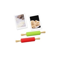 NON-STICK SILICONE ROLLING PIN WOODEN HANDLE PASTRY DOUGH FLOUR ROLLER 00Qp