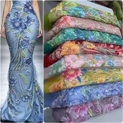 High Quality Embroidery French Tulle Net Lace Beaded Luxury Sequins African Lace Fabric 5Yard Nigeri