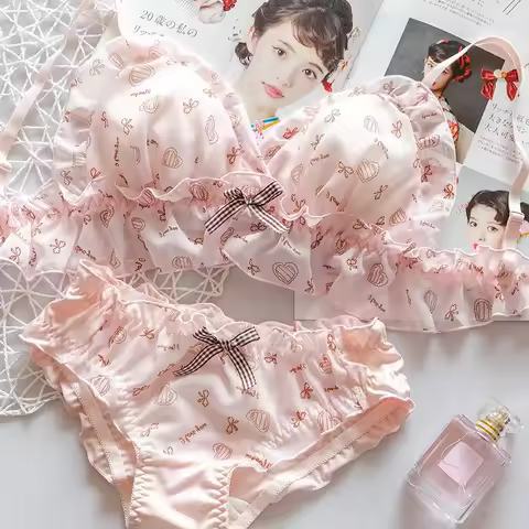 Cute Underwear Set Women Young Girl Chiffon Ruffles Lingerie Japanese Sweet Lolita Love Bow Printing