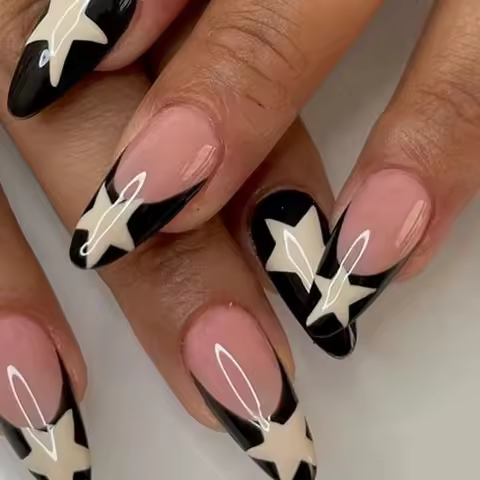 ARTAUG 24PCS Medium Stiletto Pink Black French Tip Press On Nails Star Pattern Glitter Press On Nail