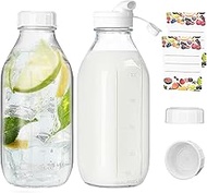 Smoothie Bottle, Pack of 2 Milk Bottles with Lid, 1 Litre Glass Bottles for Filling, Reusable Smooth