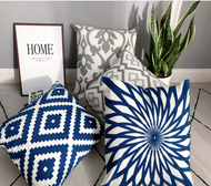 Dark Blue Embroidered Cushion Cover Sofa 45x45cm  Cotton Geometric Grey Embroidery Throw Pillow Cove