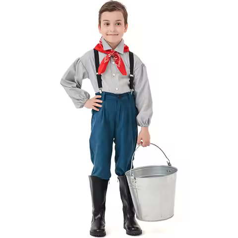 Historical Colonial Pioneer Boy Costume Early Farmer Overalls Outfit Cosplay Carnival Halloween Fanc