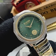 VERSUS VERSACE凡賽斯精品錶,編號：VV00088,38mm12角形金銀精鋼錶殼墨綠色錶盤精鋼金銀相間錶帶