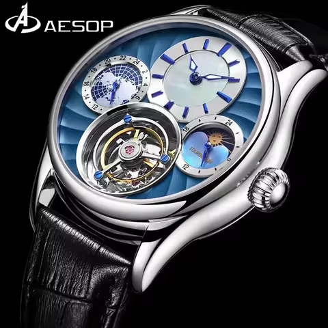 AESOP Flying Tourbillon Mechanical Movement Watch Mens Wristwatch Skeleton Clock Multifunctional Wat