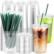 50PCS Clear Plastic Cups with Lids and Straws, Disposable Iced Coffee Cups To Go, Smoothie Juice Bub