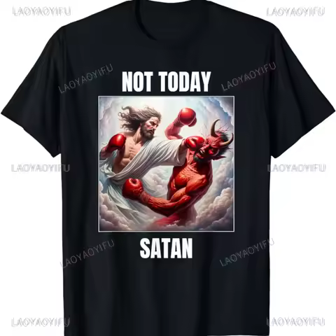 Jesus Vs Satan in A Boxing Match Funny Cotton Men's Clothing Not Today Satan John 14 6 Christian Uni