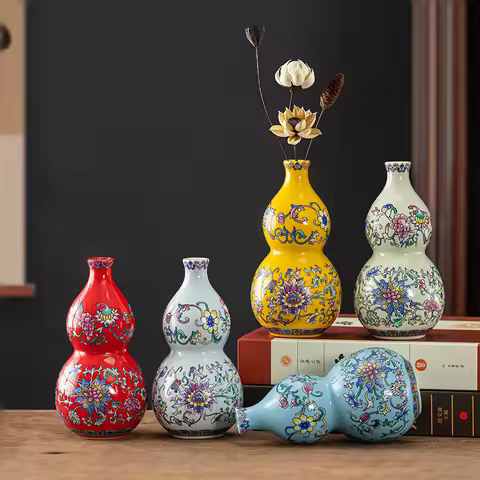 Chinese style enamel gourd ceramic vase, living room decoration, flower vase, desktop decoration vas