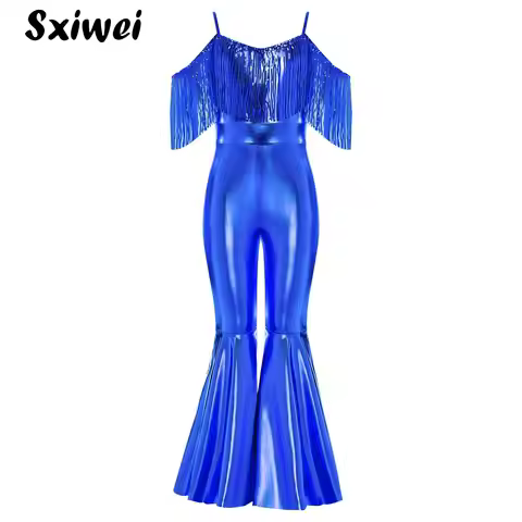 Shiny Halloween Hippie Costume for Kid Girls Sleeveless Sequins Tassels Disco Outfit 70s 80s Prom Fl