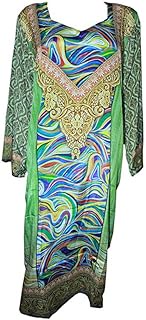 Poly Silk Kaftan Tunic Casual Embroidered Long Dress for Women