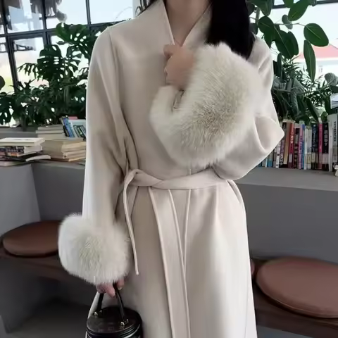 Women Autumn Winter Woolen Coat 2025 New High-End French Style Fur Sleeves Mid-Length Woolen Coat Wo