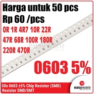 50pcs Resistor 0603 0R 1R 4R7 10R 22R 47R 68R 100R 180R 220R 470R 560R Chip Resistor SMD 0603 5% 0 O