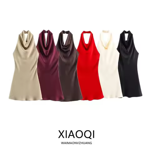 Silk Satin Texture Summer New Arrival Women's Dr Hanging Ne Collar Gown Soft A-Line Skirt High Waist
