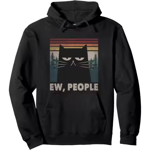 Retro Ew People Black Cat Funny Anti Social Introvert Pullover Hoodie