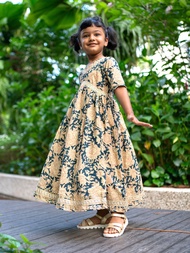 Kids Baju Raya for Eid, Racial Harmony, Deepavali Ethnic Wear 'Aishara' Anarkali Gown Dress in Blue &amp; Beige Block Print