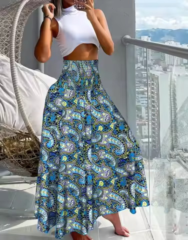 Women Bohemian Paisley Print Maxi Skirt Elastic High Waist Flared Swing Long Skirt Casual Beach Vaca