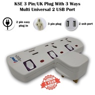 KSE 3 Pin/UK Plug With 3 Ways Multi Universal 2 USB Port Adapter/Socket