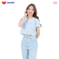 ChobCrop เสื้อครอป เอวลอย สีฟ้าอ่อน แขนสั้น คอกลม ผ้าคอตตอน มี3ทรง  Light Blue Crop Top