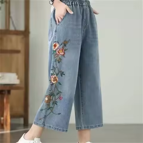 Artistic retro Heavy industry Embroidered Denim Wide leg Pants Spring Summer 2025 New Women's Loose 
