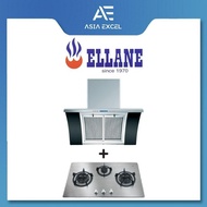 ELLANE EH-2688 90CM STAINLESS STEEL CHIMNEY HOOD WITH ARCH GLASS + ELLANE ES-838SV 86CM 3 BURNER STA