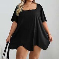 Curve Plus Size Women Black Summer Casual Everyday Square Neck Asymmetric Hem Pocket Short Sleeve T-