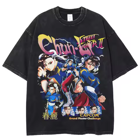 Chun Li Street Fighter Unisex Washed T-Shirt Oversized Cotton T Shirt Mans Tops Fashion O Neck TShir