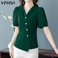 VONDA เสื้อผู้หญิงคอวีสง่างามหางไม่สม่ำเสมอเสื้อแขนสั้นทำงานในแนวทแยงหัวเข็มขัด (ลำลองเกาหลี)